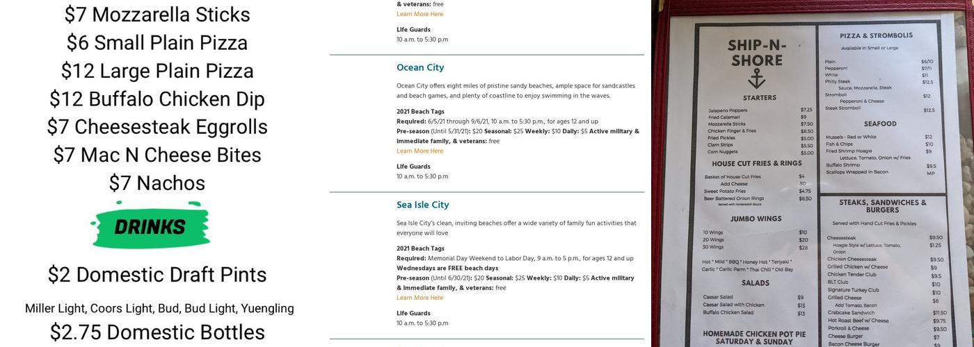 Ship 'N Shore Bar Menu