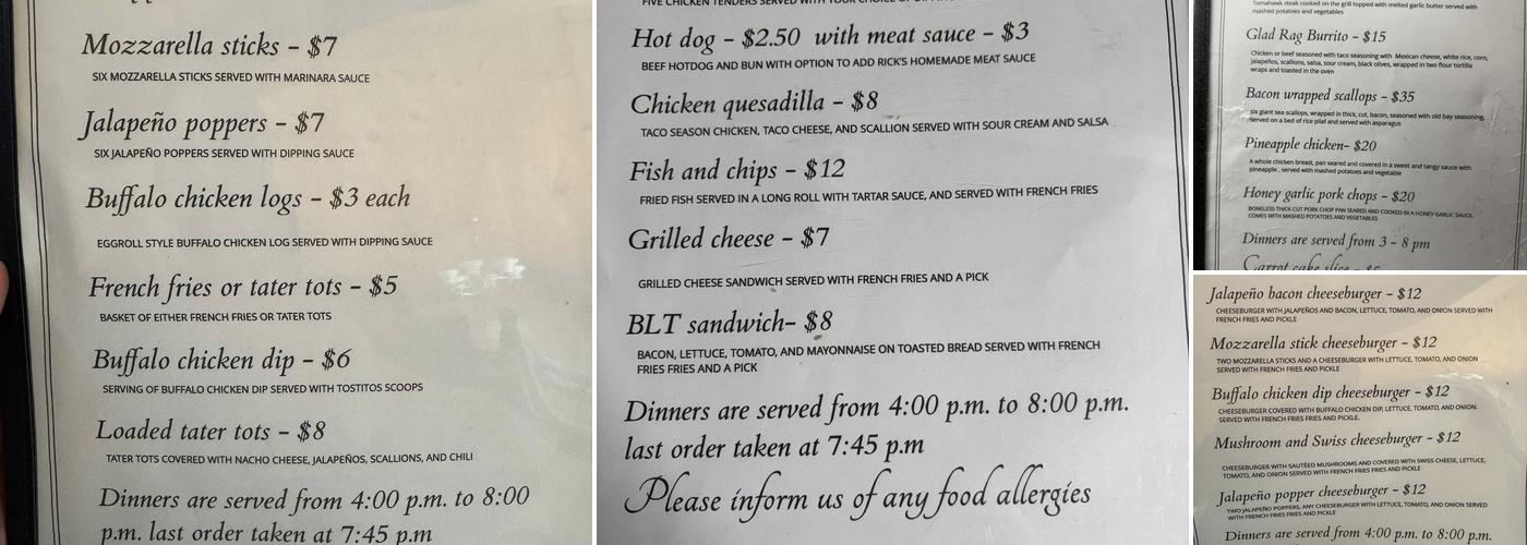 Glad Rag Saloon Menu