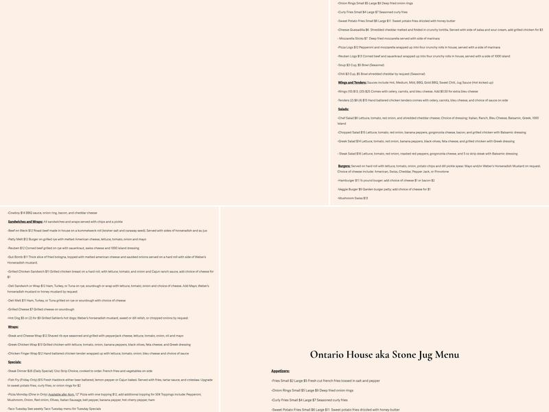 Ontario House, aka Stone Jug Menu