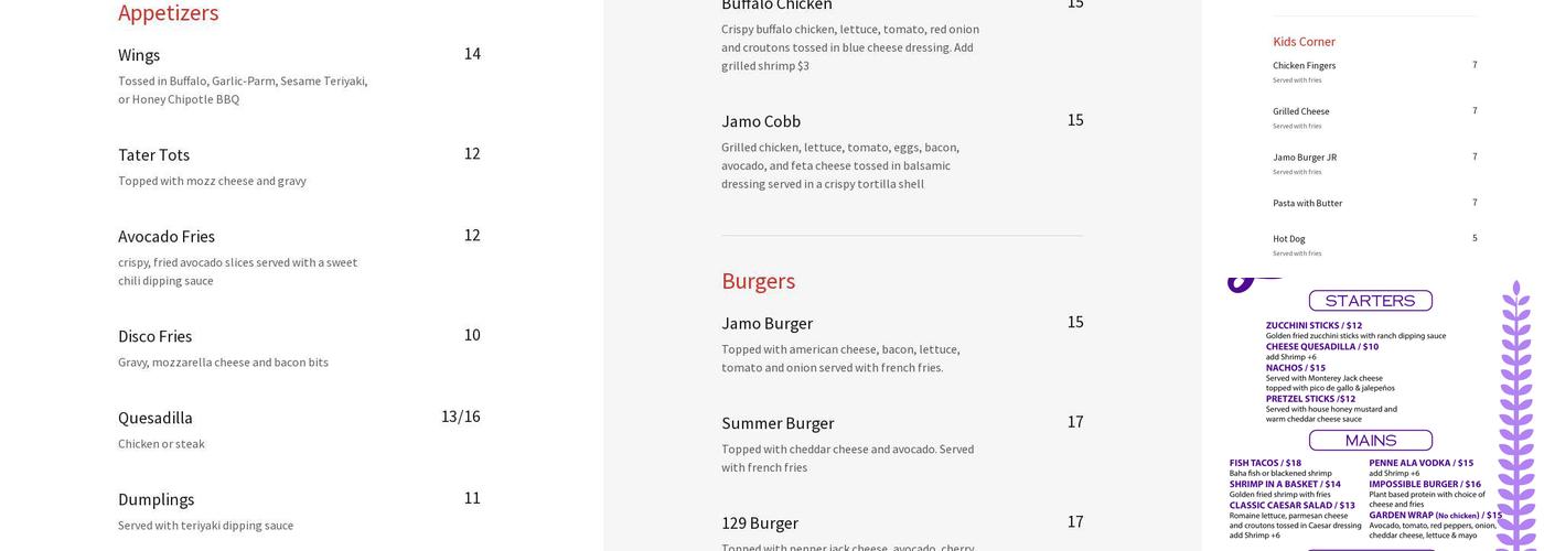 Jamesons Pub Menu