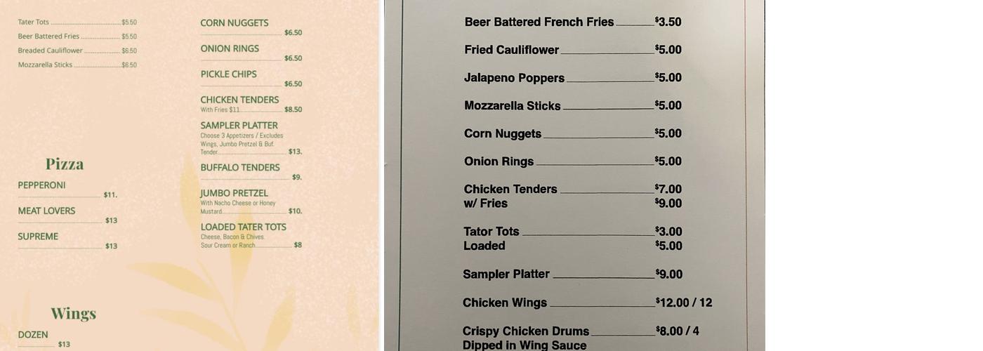 Kelley’s Pitstop Menu