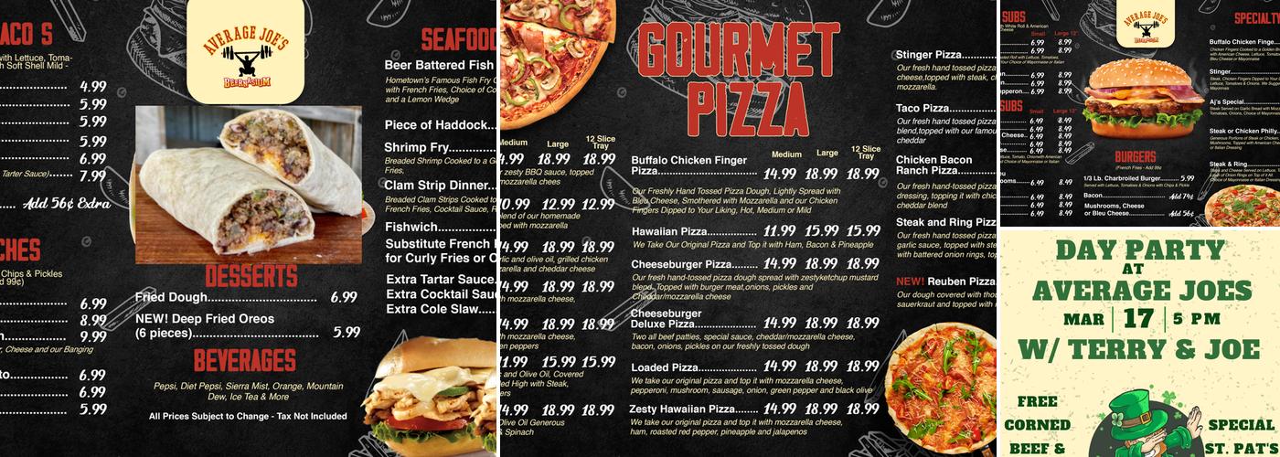 Average Joe's Beernasium Menu