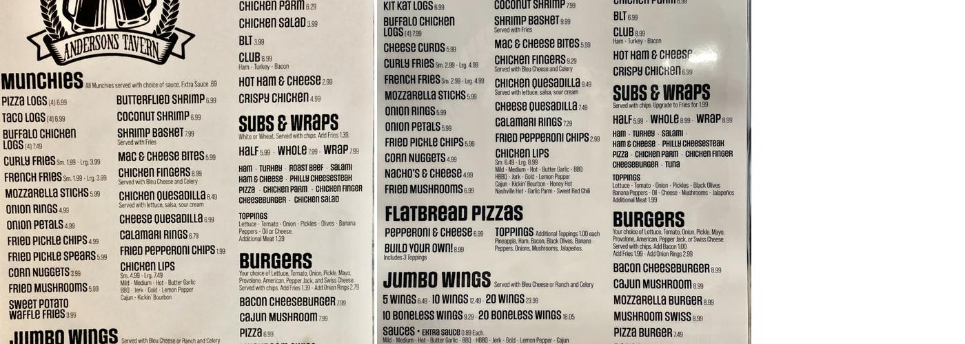 Andersons Tavern Menu
