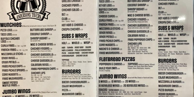 Andersons Tavern Menu