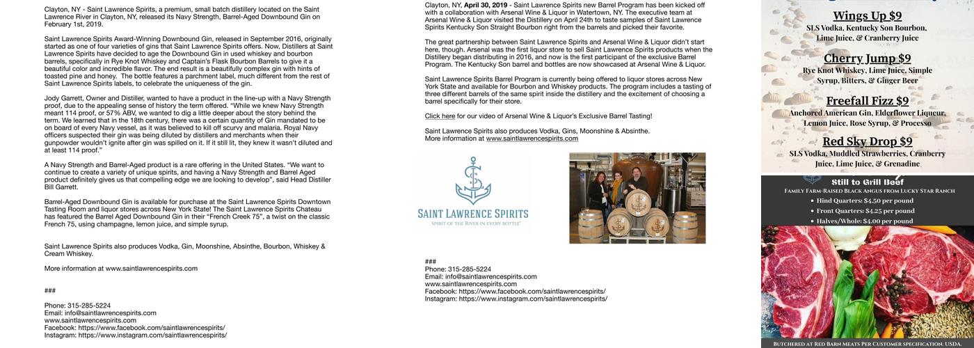Saint Lawrence Spirits Downtown Tasting Room Menu