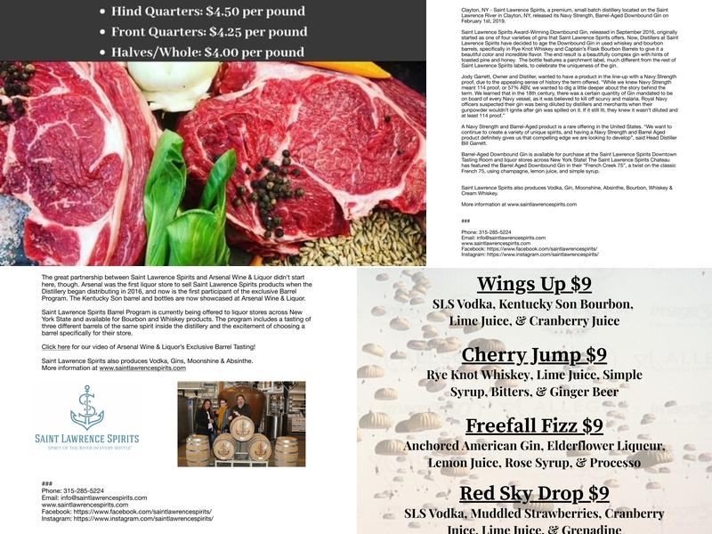 Saint Lawrence Spirits Downtown Tasting Room Menu