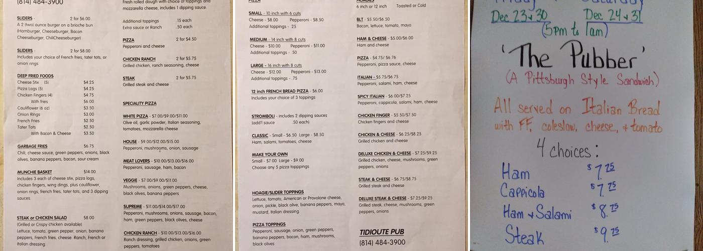 Tidioute Pub Menu