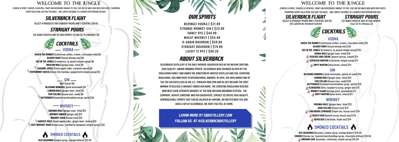 Silverback Distillery Menu