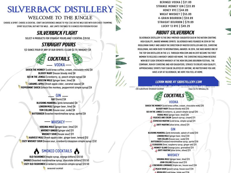 Silverback Distillery Menu