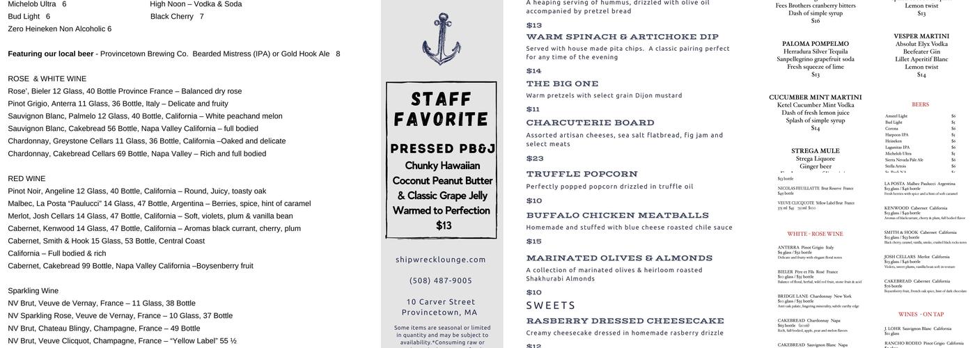 Shipwreck Lounge Menu
