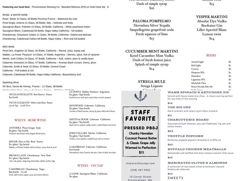Shipwreck Lounge Menu