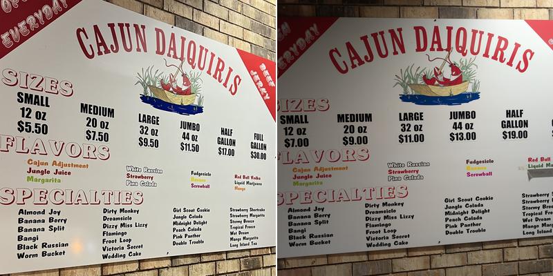 Cajun Daiquiris Menu