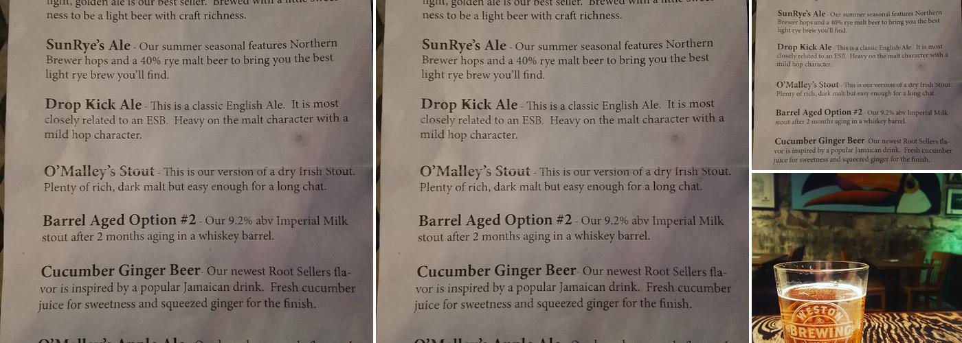 Weston Brewing Co Menu