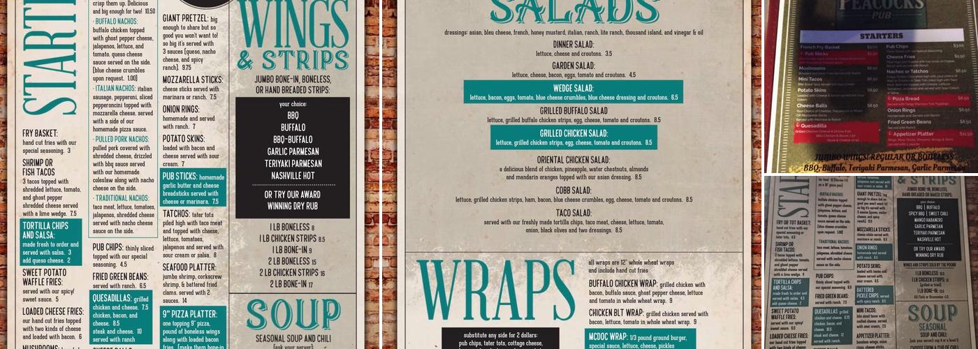 Peacocks Pub Menu