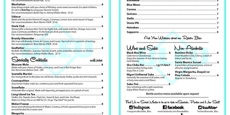 Karaoke Bleu Menu