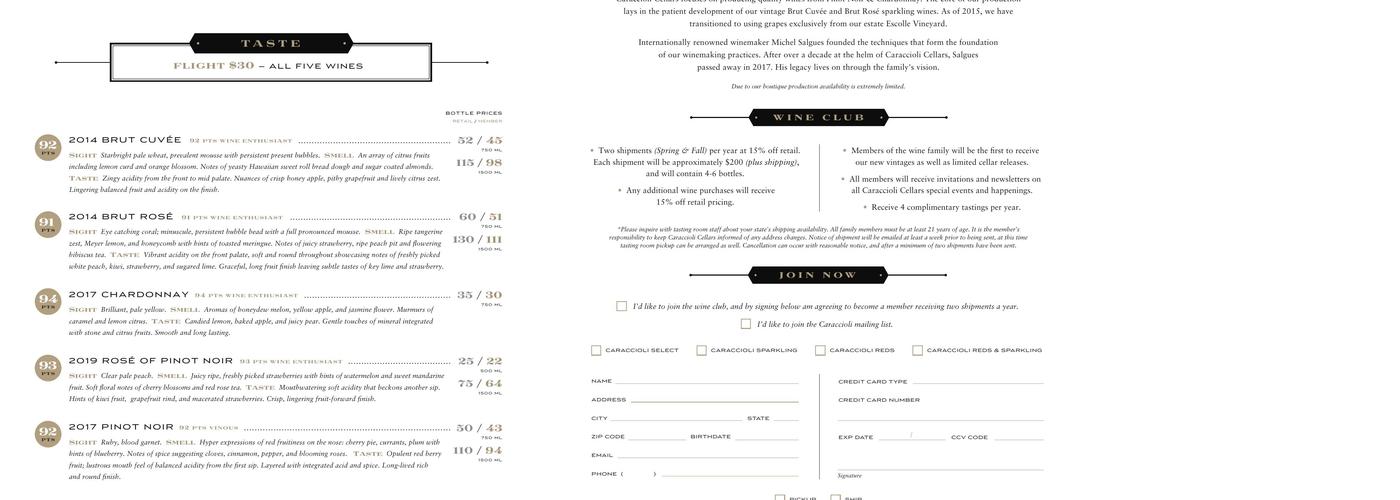 Caraccioli Cellars Menu