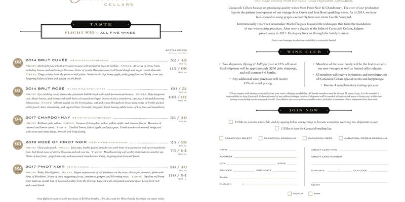 Caraccioli Cellars Menu