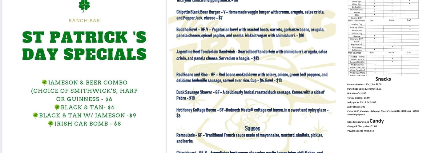 The Ranch Bar Menu