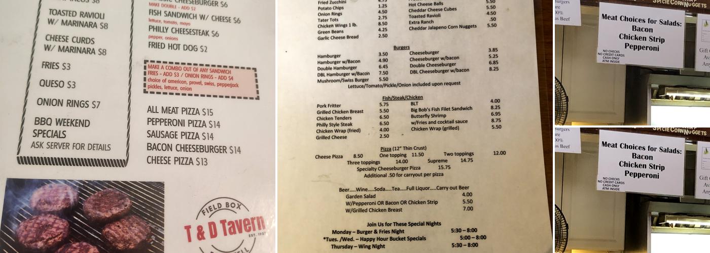 T & D Tavern Menu