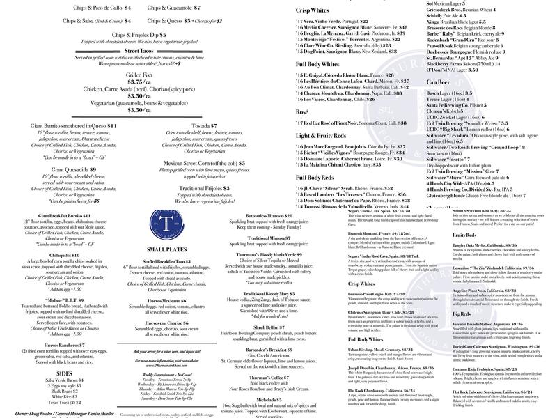 Thurman's in Shaw Menu