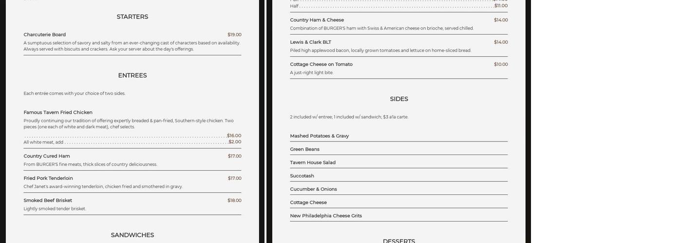 Arrow Rock Old Tavern Menu