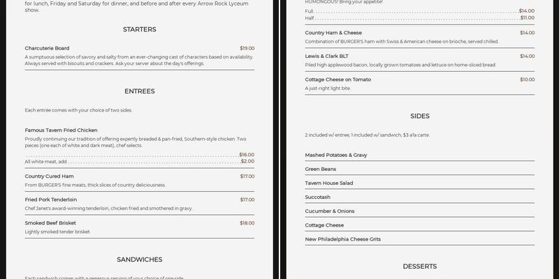 Arrow Rock Old Tavern Menu
