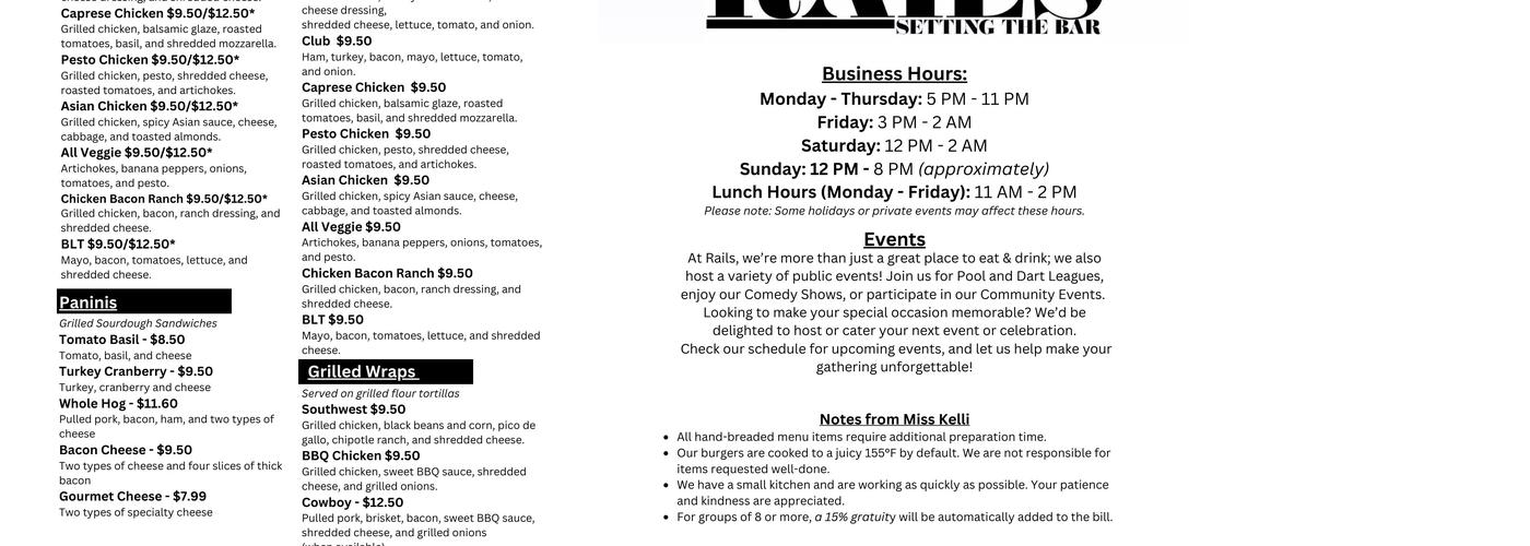 Rails Bar and Grill Menu