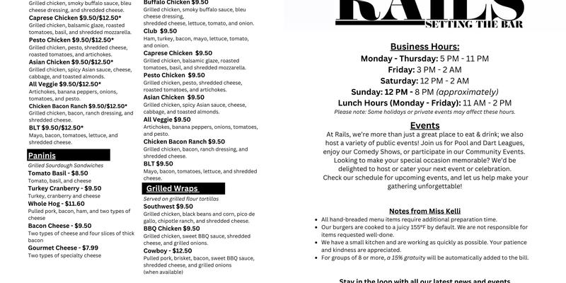 Rails Bar and Grill Menu