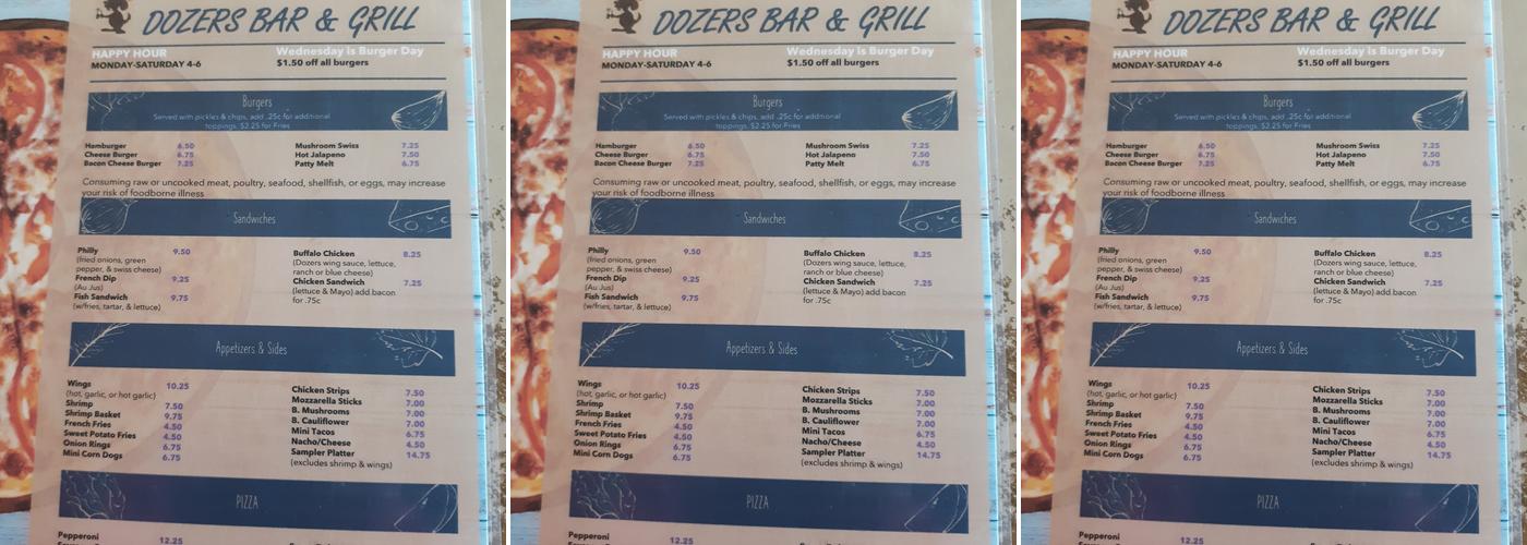 Dozer's Menu