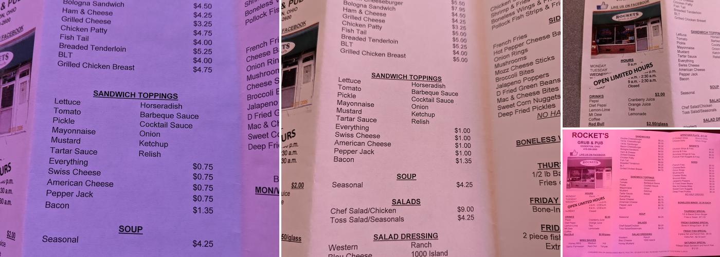 Rockets Grub & Pub Menu