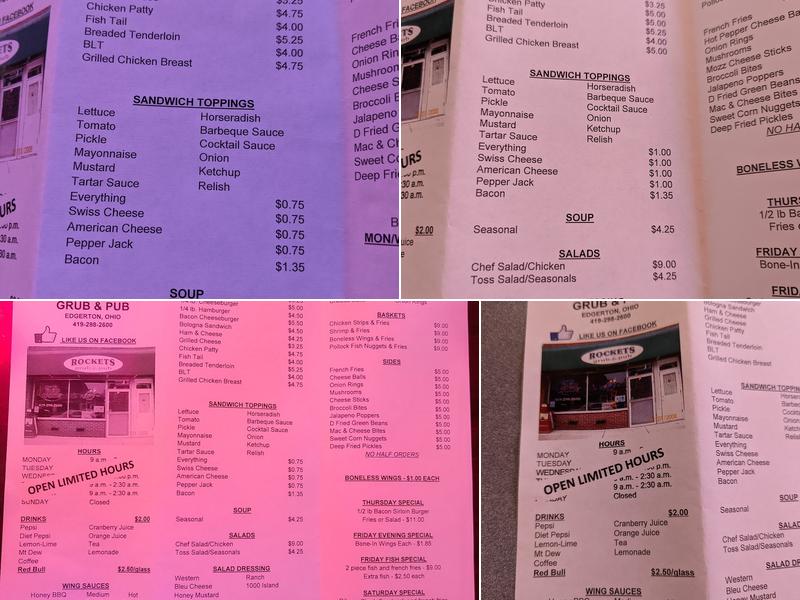Rockets Grub & Pub Menu