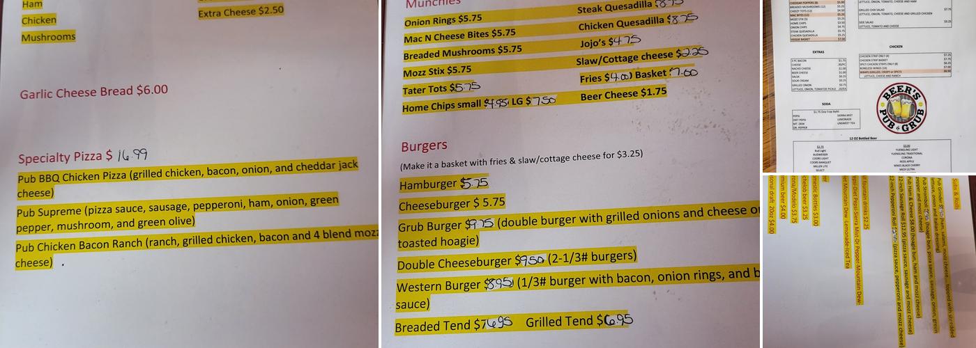 Beer's Pub & Grub Menu