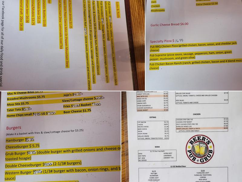 Beer's Pub & Grub Menu