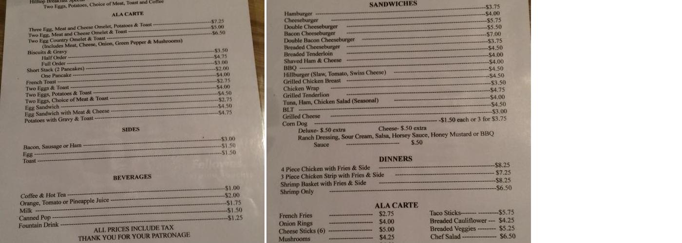 Hill Top Tavern Inc Menu
