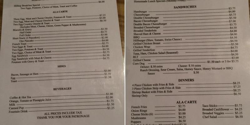 Hill Top Tavern Inc Menu