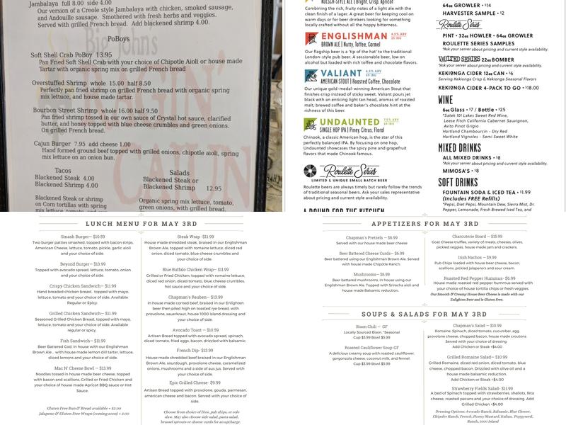 Chapman's Brewing Company Menu