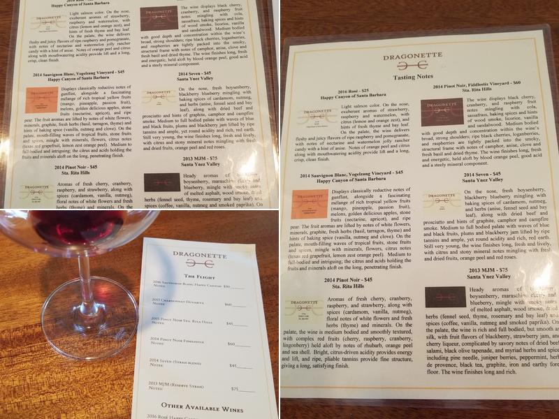 Dragonette Cellars Menu