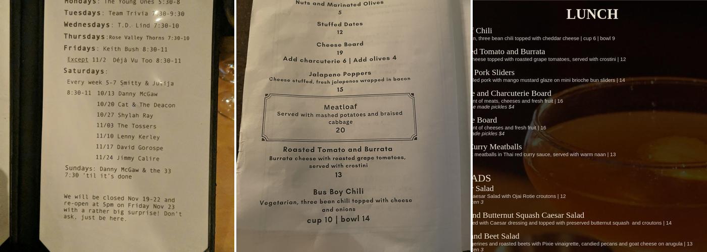 Sam's Place Menu
