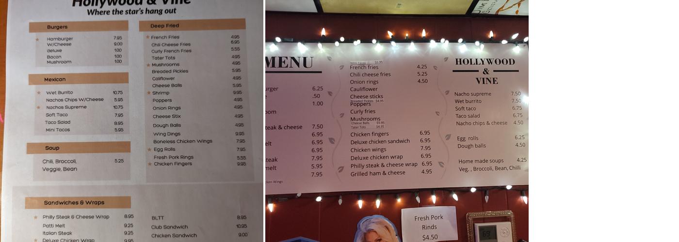 Hollywood & Vine Menu