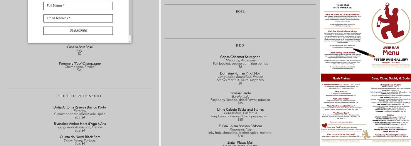Petter Wine Gallery Menu