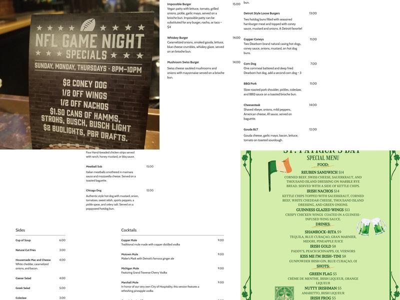 Copper Athletic Club Menu