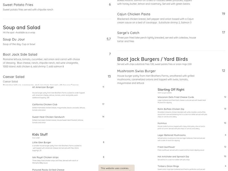 Boot Jack Tavern Menu
