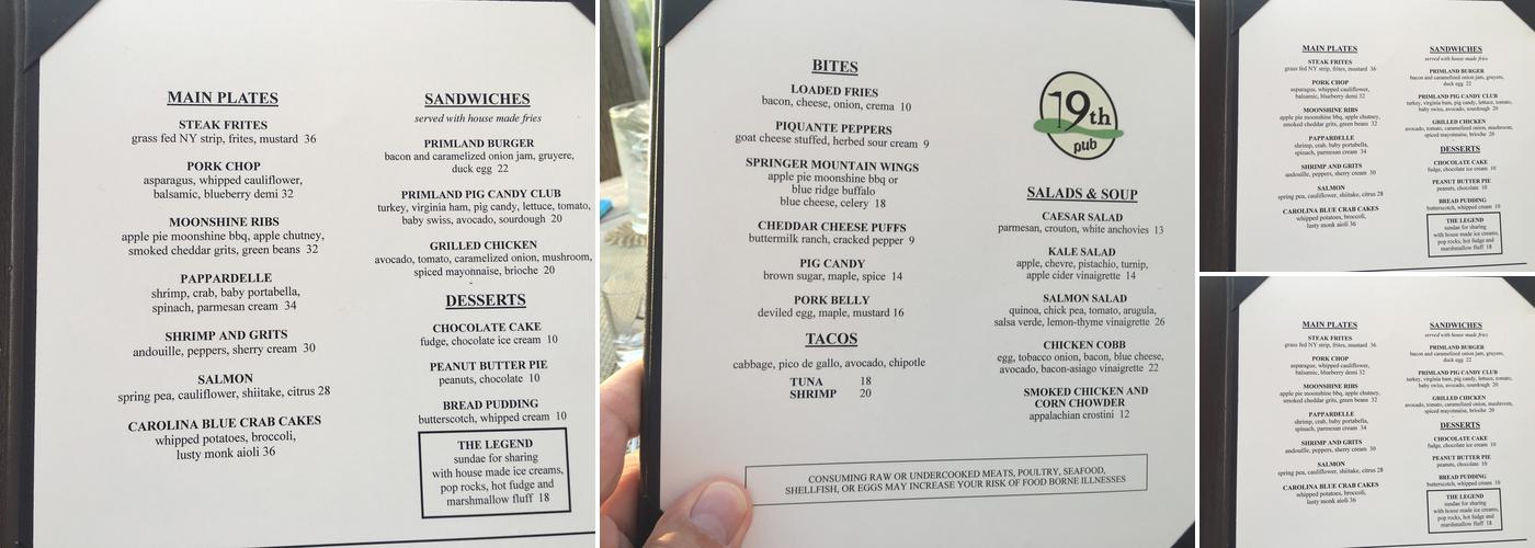 19th Pub at Primland Menu