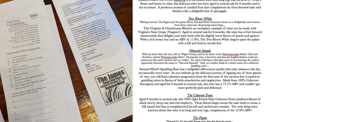 Summerwind Vineyard Menu