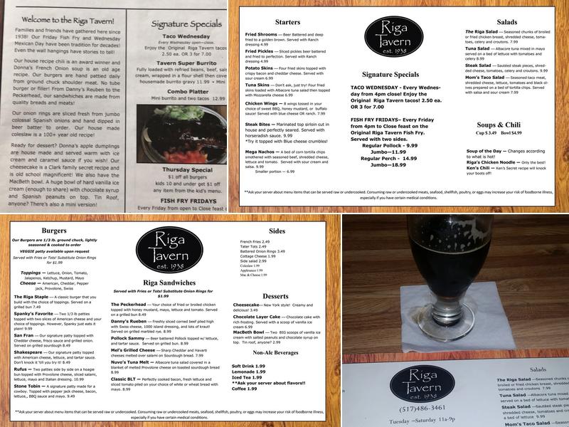 Riga Tavern Menu