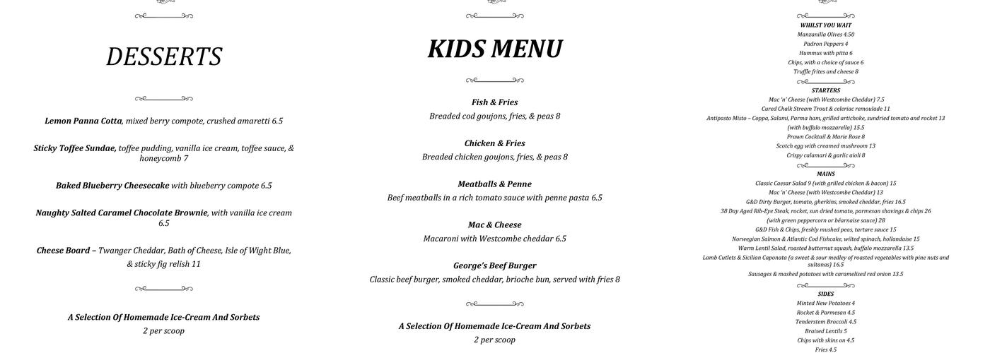 George & Dragon Menu