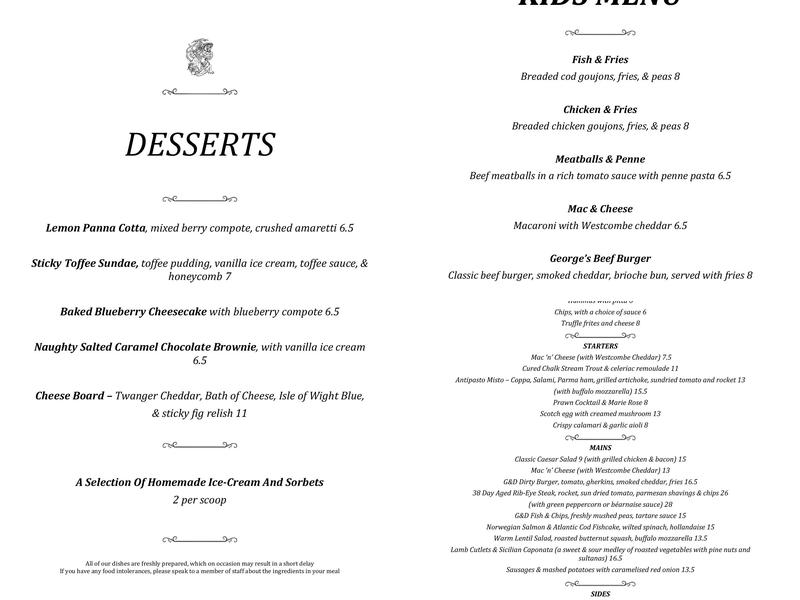 George & Dragon Menu