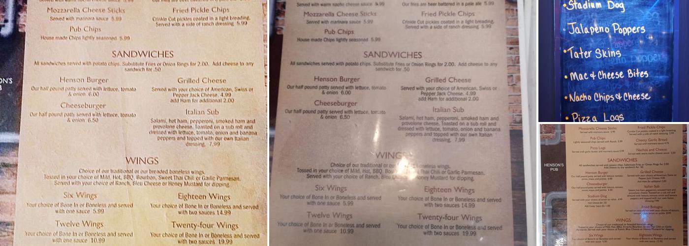 Henson's Pub Menu