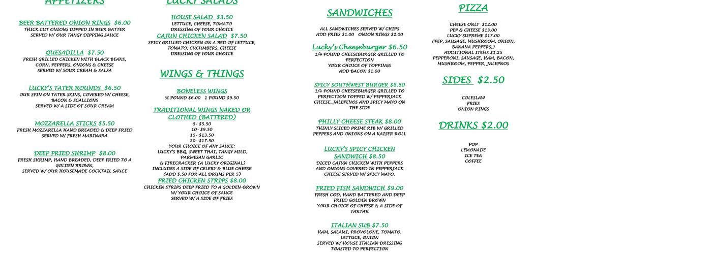 Luckys Lakeside Grill Menu