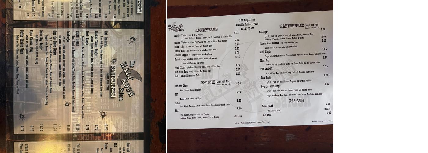 Half Moon Saloon Menu